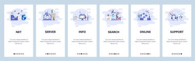 Mobil uygulama onboarding ekranları. Sunucu, arama, insanlar, online mesajlar, çağrı merkezi. Menü vektör Banner Web sitesi ve mobil geliştirme için şablon. Web sitesi tasarım düz illüstrasyon