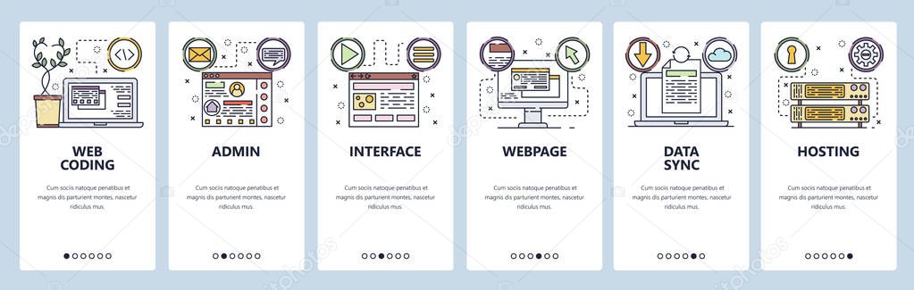 Mobile app onboarding screens. Coding, software development, data sync and cloud technology, hosting. Menu vector banner template for website and mobile development. Web site design flat illustration