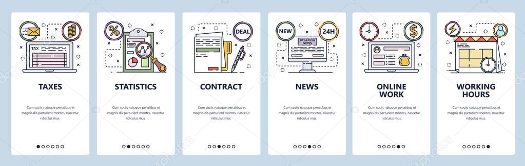 Mobile app onboarding screens. Business, taxes and money sheet, online work, contract. Menu vector banner template for website and mobile development. Web site design flat illustration