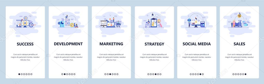 Mobile app onboarding screens. Business strategy, social media, online shopping and sales, digital marketing. Menu vector banner template for website and mobile development. Web site flat illustration