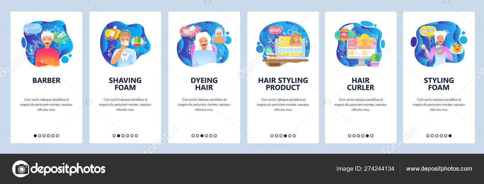 Mobile app onboarding screens. Barbershop, beauty salon