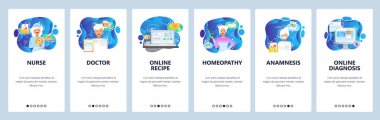 Mobil uygulama onboarding ekranları. Sağlık simgeleri, Hemşire, Doktor, Homeopati ve online tıbbi danışmanlık. Vektör Banner Web sitesi ve mobil geliştirme için şablon. Web sitesi tasarım düz illüstrasyon
