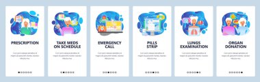 Mobil uygulama onboarding ekranları. Reçeteli ilaçlar, organ bağış, acil durum çağrısı, ilk yardım. Menü vektör Banner Web sitesi ve mobil geliştirme için şablon. Web sitesi tasarım düz illüstrasyon
