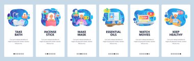 Mobil uygulama onboarding ekranları. Dinlenmek ve Spa, Güzellik Salonu, sağlıklı yaşam tarzı. Menü vektör Banner Web sitesi ve mobil geliştirme için şablon. Web sitesi tasarım düz illüstrasyon