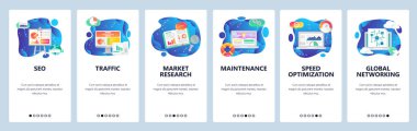 Mobil uygulama onboarding ekranları. SEO ve dijital pazarlama, piyasa araştırması, hız optimizasyonu. Menü vektör Banner Web sitesi ve mobil geliştirme için şablon. Web sitesi tasarım düz illüstrasyon