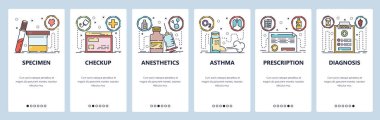 Mobil uygulama onboarding ekranları. Tıbbi aksesuarlar ve ilaçlar, astım spreyi, reçete. Menü vektör Banner Web sitesi ve mobil geliştirme için şablon. Web sitesi tasarım düz illüstrasyon