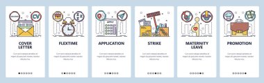 Mobil uygulama onboarding ekranları. İş başvurusu, CV kapak mektubu, Doğum izni, grev, promosyon. Menü vektör Banner Web sitesi ve mobil geliştirme için şablon. Web sitesi tasarım düz illüstrasyon