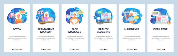 Mobile app onboarding screens. Face massage, beauty spa, cosmetic, botox, hair cut. Menu vector banner template for website and mobile development. Web site design flat illustration