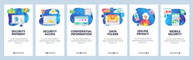 Mobil uygulama ekranlarda. Mobil içerik akışı, satış geri sayımı, güvenli erişim, e-posta, online alışveriş. Web sitesi ve mobil geliştirme için vektör afiş şablonu. Web sitesi düz illüstrasyon