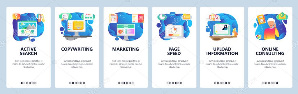 Mobile app onboarding screens. Digital marketing, information search, copywriting, page speed. Menu vector banner template for website and mobile development. Web site design flat illustration