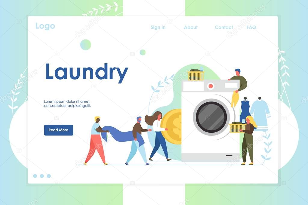 Laundry vector website template, web page and landing page design for website and mobile site development. Tiny people loading big washing machine and putting coin into it. Self-service laundry.