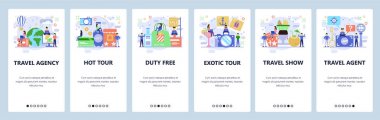 Mobil uygulama ekranlarda. Seyahat ve tatil simgeleri, seyahat acentesi, bilet satın almak ve tur kitap. Web sitesi ve mobil geliştirme için Menü vektör afiş şablonu. Web sitesi tasarımı düz illüstrasyon
