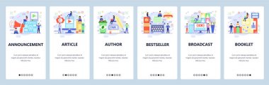 Mobil uygulama ekranlarda. Kitap yazarı, duyuru, yayın ve canlı video akışı. Web sitesi ve mobil geliştirme için Menü vektör afiş şablonu. Web sitesi tasarımı düz illüstrasyon