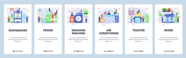 Mobil uygulama ekranlarda. Ev iç mekan, mutfak aletleri ve elektronik. Bulaşık makinesi, buzdolabı. Web sitesi ve mobil geliştirme için Menü vektör afiş şablonu. Web sitesi tasarımı düz illüstrasyon