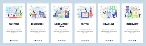 Telas de onboarding de aplicativos móveis. Mídia e ícones de jornal, editor, conteúdo, entrevista. Modelo de banner vetorial de menu para site e desenvolvimento móvel. Web site design ilustração plana — Vetor de Stock