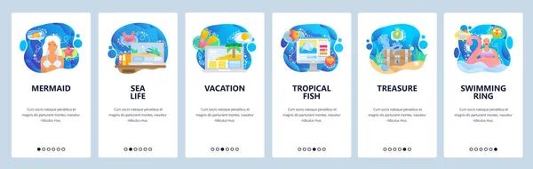 Mobile app onboarding screens. Sea world, underwater life, mermaid, tropical beach vacation, sea travel. Vector banner template for website and mobile development. Web site design flat illustration — Stock Vector