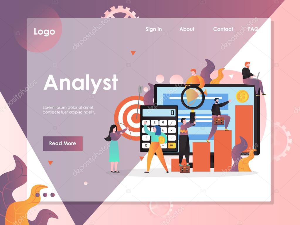 Analyst vector website template, web page and landing page design for website and mobile site development. Business analysis, financial audit services concept with characters.
