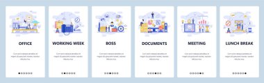 Mobil uygulama ekranlarda. İş ve ofis iç, toplantı ve kahve molası, mali belgeler. Web sitesi ve mobil geliştirme için vektör afiş şablonu. Web sitesi tasarımı düz illüstrasyon