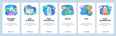 Mobil uygulama ekranlarda. Hafta sonu açık hava etkinlikleri, boş zamanları, parkta köpek gezme, bycicle binme. Web sitesi ve mobil geliştirme için vektör afiş şablonu. Web sitesi düz illüstrasyon