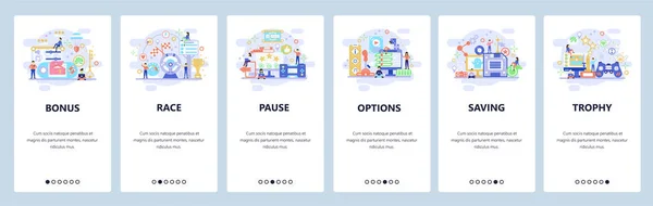 Telas de onboarding de aplicativos móveis. Jogos de computador, cybersport, opções de jogo, corrida. Modelo de banner vetorial de menu para site e desenvolvimento móvel. Web site design ilustração plana — Vetor de Stock