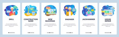 Mobil uygulama ekranlarda. İnşaat işçileri ve donanım araçları. Web sitesi ve mobil geliştirme için Menü vektör afiş şablonu. Web sitesi tasarımı düz illüstrasyon