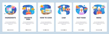 Mobil uygulama ekranlarda. Video tarifi, yemek pişirme, restoran şefi, menü. Web sitesi ve mobil geliştirme için Menü vektör afiş şablonu. Web sitesi tasarımı düz illüstrasyon