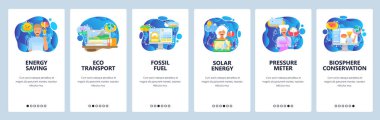 Mobil uygulama ekranlarda. Enerji tasarrufu, doğa koruma, fosil yakıt. Web sitesi ve mobil geliştirme için Menü vektör afiş şablonu. Web sitesi tasarımı düz illüstrasyon