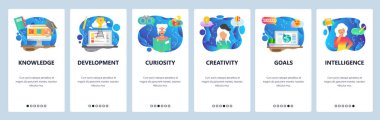 Mobil uygulama ekranlarda. Merak ve yaratıcılık, akıllı insanlar, bilgi, online eğitim. Web sitesi ve mobil geliştirme için Menü vektör afiş şablonu. Web sitesi tasarımı düz illüstrasyon