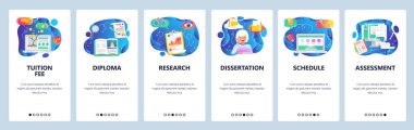 Mobil uygulama ekranlarda. Üniversite eğitimi, öğrenim ücreti, mezuniyet belgesi. Web sitesi ve mobil geliştirme için Menü vektör afiş şablonu. Web sitesi tasarımı düz illüstrasyon