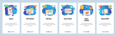 Mobil uygulama ekranlarda. Satış promosyon, perakende fiyat, açık artırma, online alışveriş, sipariş teslim. Web sitesi ve mobil geliştirme için Menü vektör afiş şablonu. Web sitesi tasarımı düz illüstrasyon