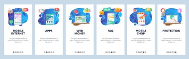 Mobil uygulama ekranlarda. Dijital para, online alışveriş, satış promosyonu, veri koruması. Web sitesi ve mobil geliştirme için Menü vektör afiş şablonu. Web sitesi tasarımı düz illüstrasyon