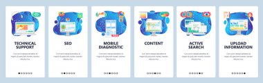 Mobil uygulama ekranlarda. Telefon uygulama tel kafesi, tıbbi teknoloji, içerik oluşturma, arama. Web sitesi ve mobil geliştirme için vektör afiş şablonu. Web sitesi tasarımı düz illüstrasyon