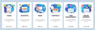 Mobil uygulama ekranlarda. Online iş, zaman yönetimi, finansal grafik, banka. Web sitesi ve mobil geliştirme için Menü vektör afiş şablonu. Web sitesi tasarımı düz illüstrasyon