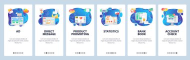 Mobil uygulama ekranlarda. Pazarlama ve reklam, ürün tanıtımı, doğrudan mesajlaşma, finansal rapor. Web sitesi ve mobil geliştirme için vektör afiş şablonu. Web sitesi illüstrasyon