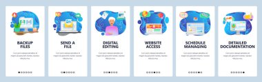 Mobil uygulama ekranlarda. Ofis bilgisayarı, dosya yedekleme, iş panosu, e-posta gönderin. Web sitesi ve mobil geliştirme için Menü vektör afiş şablonu. Web sitesi tasarımı düz illüstrasyon
