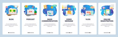 Mobil uygulama ekranlarda. Online blog ve vlog, video akışı, podcast ve tv haberleri. Web sitesi ve mobil geliştirme için Menü vektör afiş şablonu. Web sitesi tasarımı düz illüstrasyon