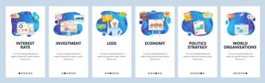 Mobil uygulama ekranlarda. Para yatırımı, finansal grafik, iş sunumu, dünya ekonomisi, para kaybı. Web sitesi ve mobil geliştirme için vektör afiş şablonu. Web sitesi illüstrasyon