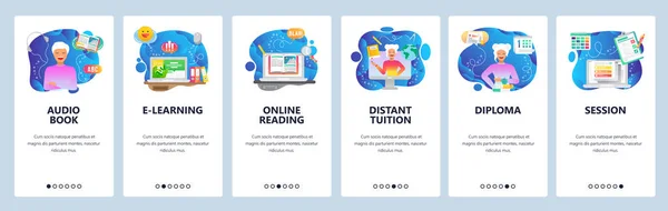 Onboarding-schermen voor mobiele apps. Online onderwijs, digitale bibliotheek, audioboek, verre Tutor, online lezen. Vector banner sjabloon voor website en mobiele ontwikkeling. Website ontwerp illustratie — Stockvector