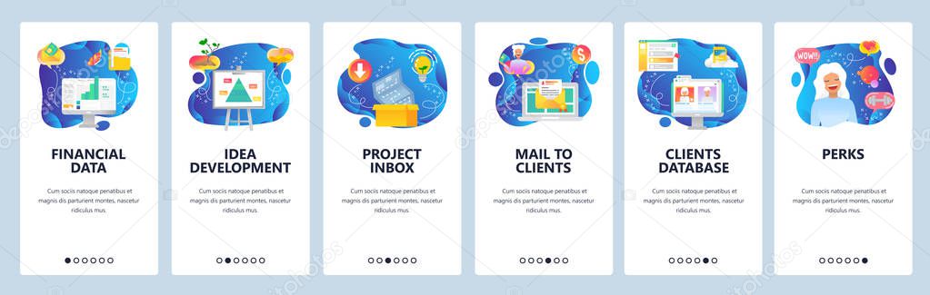 Mobile app onboarding screens. Customers database, project package, business idea development, financial data chart. Vector banner template for website and mobile development. Web site illustration