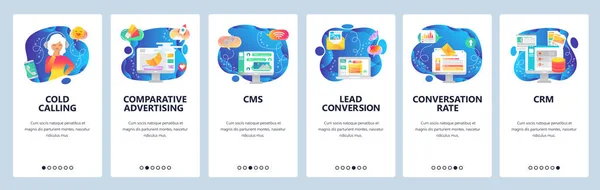 Telas de onboarding de aplicativos móveis. Marketing digital, taxa de conversão, armazenamento de dados, chamadas frias. Modelo de banner vetorial de menu para site e desenvolvimento móvel. Web site design ilustração plana —  Vetores de Stock