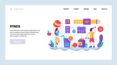 Vektör web sitesi tasarım şablonu. Fitness ve sağlıklı yaşam tarzı. Spor salonunda çalışan bir çift. Web sitesi ve mobil geliştirme için açılış sayfası kavramları. Modern düz illüstrasyon