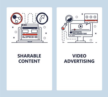 Mobil uygulama ekranlarda. Video reklam, dijital pazarlama ve içerik paylaşımı. Web sitesi ve mobil geliştirme için Menü vektör afiş şablonu. Web sitesi tasarımı düz illüstrasyon