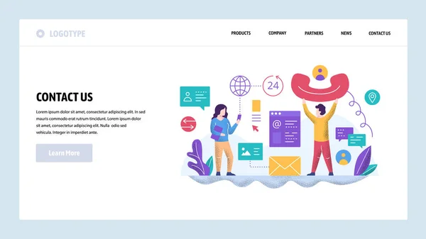 Plantilla de diseño del sitio web del vector. Centro de llamadas y apoyo de la línea de ayuda. Contacte con nosotros página. Conceptos de landing page para desarrollo web y móvil. Ilustración plana moderna — Vector de stock