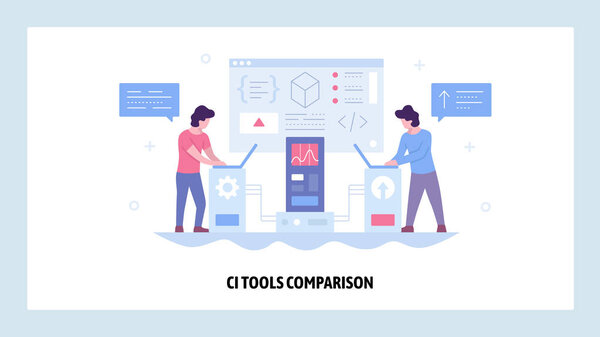 Vector web site design template. Continuous Integration CI software development. Agile methodology of coding. Landing page concepts for website and mobile development. Modern flat illustration