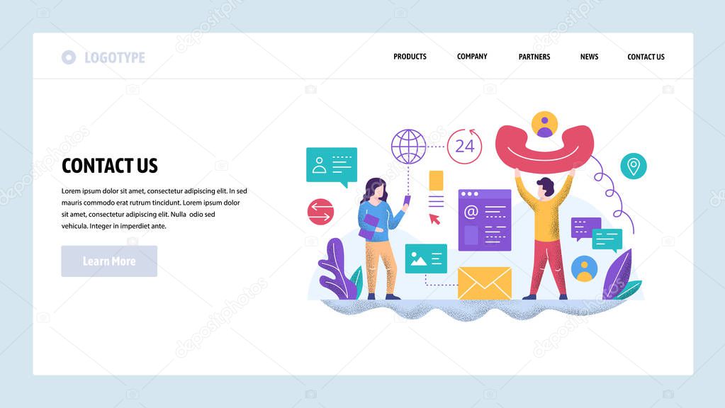 Vector web site design template. Call center and helpline support. Contact us page. Landing page concepts for website and mobile development. Modern flat illustration