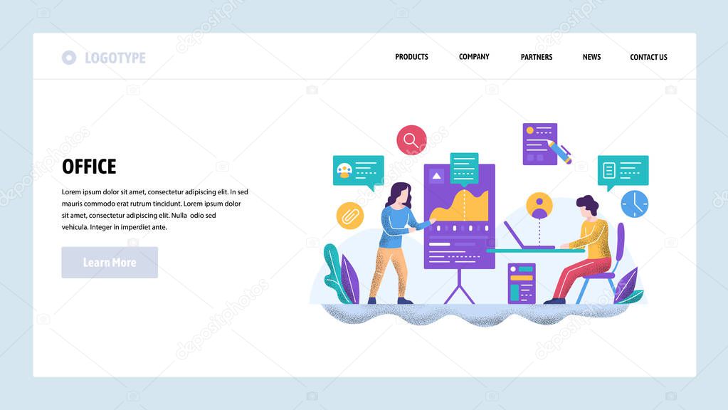 Vector web site design template. Business presentation and financial charts. Teamwork meeting and finance education course. Landing page concepts for website mobile development. Modern illustration