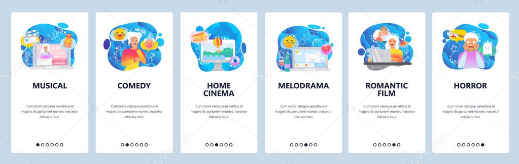 Movie website and mobile app onboarding screens vector template