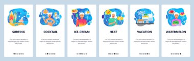 Mobil uygulama ekranlarda. Tropik tatil, sahilde sörf ve kokteyl. Web sitesi ve mobil geliştirme için menü vektör paneli şablonu. Web sitesi tasarımı düz illüstrasyon