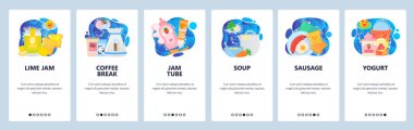 Mobil uygulama ekranlarda. Sabah kahvaltısı, çöl, restoran yemeği. Kahve, yumurta, çorba, yoğurt. Web sitesi ve mobil geliştirme için menü vektör paneli şablonu. Web sitesi illüstrasyonu