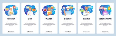 Mobil uygulama ekranlarda. Farklı meslekler, öğretmen, şef, bayan garson, erkek dişçi, berber. Web sitesi ve mobil geliştirme için vektör paneli şablonu. Web sitesi tasarımı düz illüstrasyon